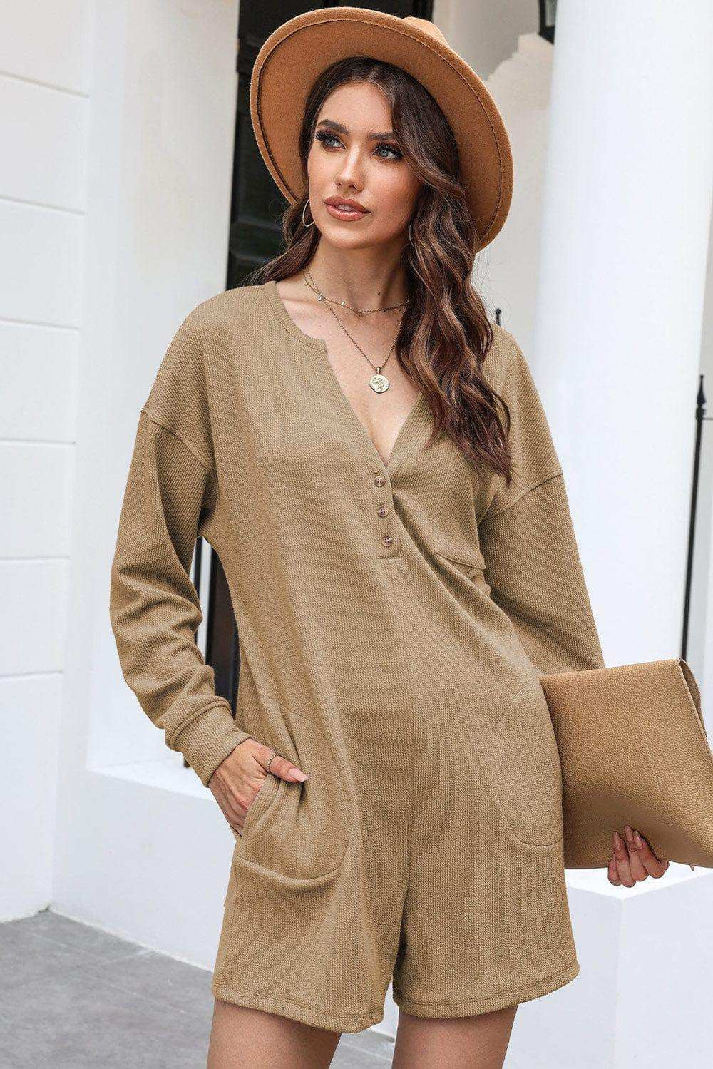 Notched Neck Long Sleeve Romper - Trendsi - Flyclothing LLC