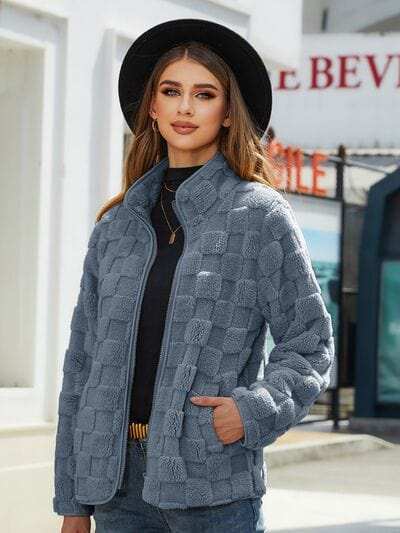 Fuzzy Checkered Zip Up Jacket - Trendsi - Flyclothing LLC