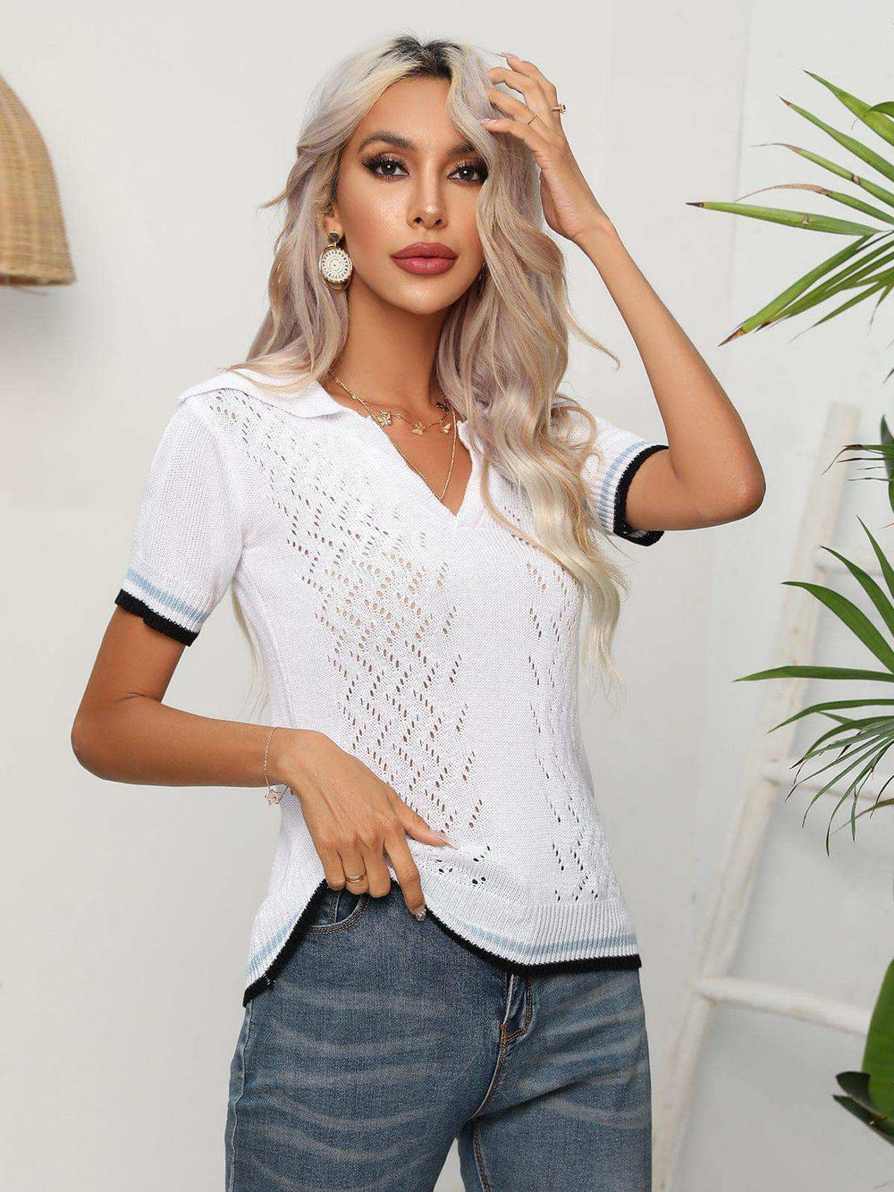 Johnny Collar Openwork Short Sleeve Knit Top - Trendsi - Flyclothing LLC