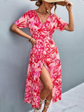 Floral Print High Slit Surplice Neck Tie Waist Midi Dress - Trendsi - Flyclothing LLC
