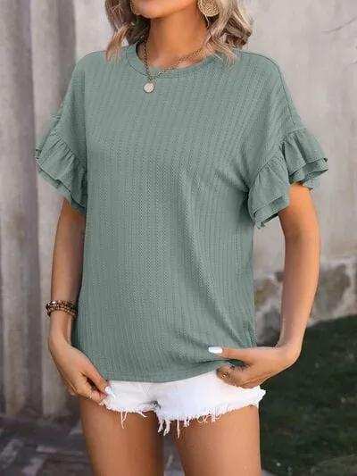 Ruffled Round Neck Short Sleeve Blouse - Trendsi - Flyclothing LLC