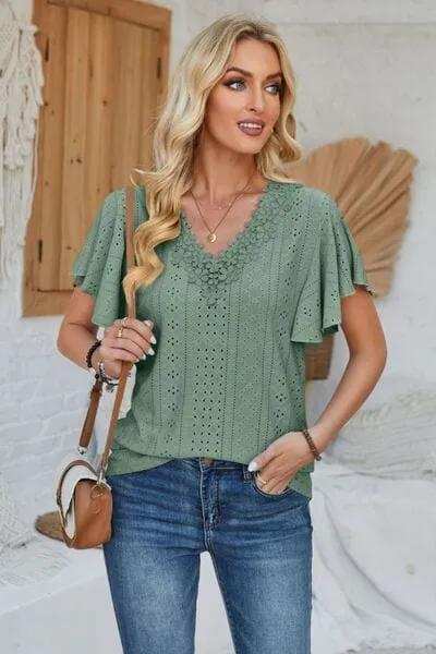 Eyelet Applique V-Neck Cap Sleeve T-Shirt - Trendsi - Flyclothing LLC