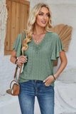 Eyelet Applique V-Neck Cap Sleeve T-Shirt - Trendsi - Flyclothing LLC