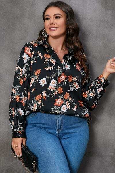 Plus Size Printed Johnny Collar Long Sleeve Blouse - Trendsi - Flyclothing LLC