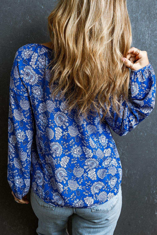 Floral Notched Neck Balloon Sleeve Blouse - Trendsi - Flyclothing LLC