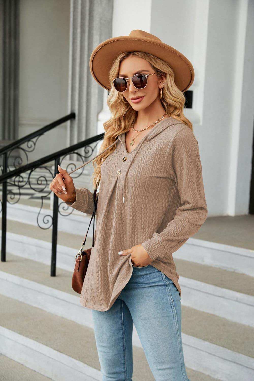 Long Sleeve Hooded Blouse - Trendsi - Flyclothing LLC