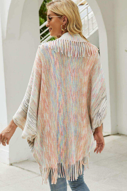 Multicolored Fringe Trim Poncho - Trendsi - Flyclothing LLC