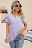 Eyelet V-Neck Petal Sleeve T-Shirt - Trendsi - Flyclothing LLC