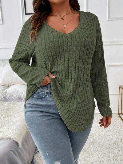 Plus Size V-Neck Long Sleeve T-Shirt - Trendsi - Flyclothing LLC