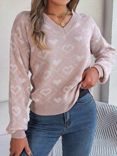 Heart Pattern V-Neck Long Sleeve Sweater - Trendsi - Flyclothing LLC