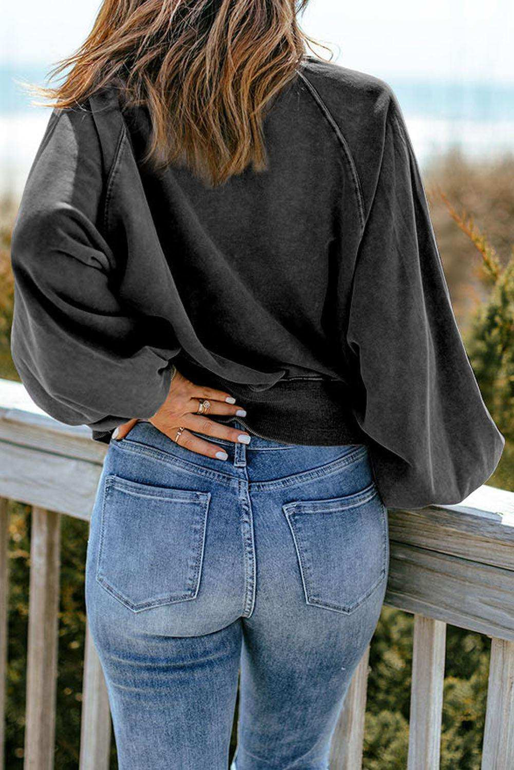 Quarter-Snap Collared Lantern Sleeve Sweatshirt - Trendsi - Flyclothing LLC