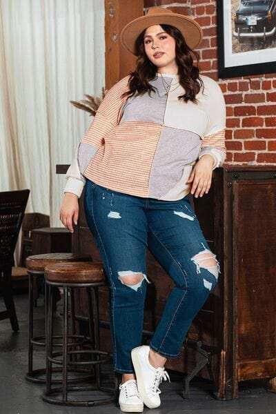 Plus Size Exposed Seam Color Block Round Neck Sweatshirt - Trendsi - Flyclothing LLC