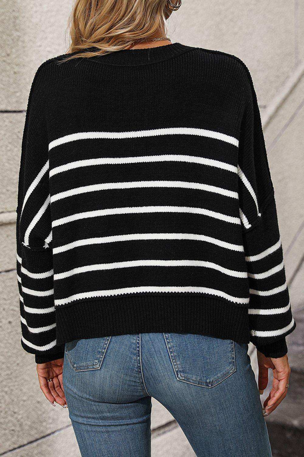 Striped Dropped Shoulder Round Neck Pullover Sweater - Trendsi - Flyclothing LLC