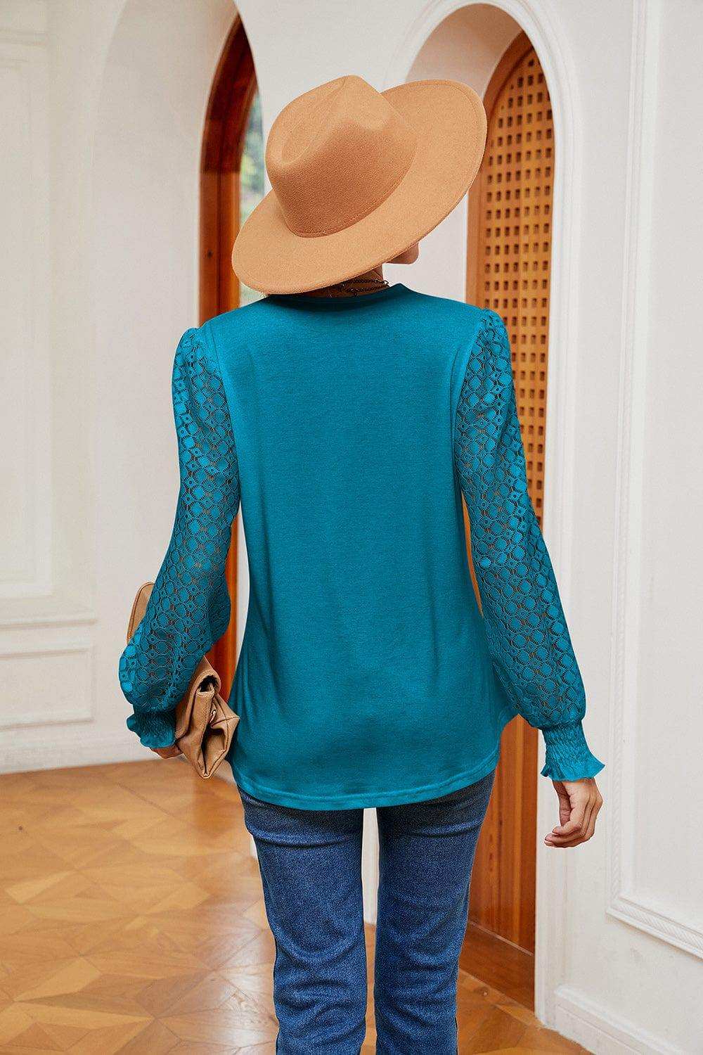 Contrast V-Neck Long Sleeve Blouse - Trendsi - Flyclothing LLC