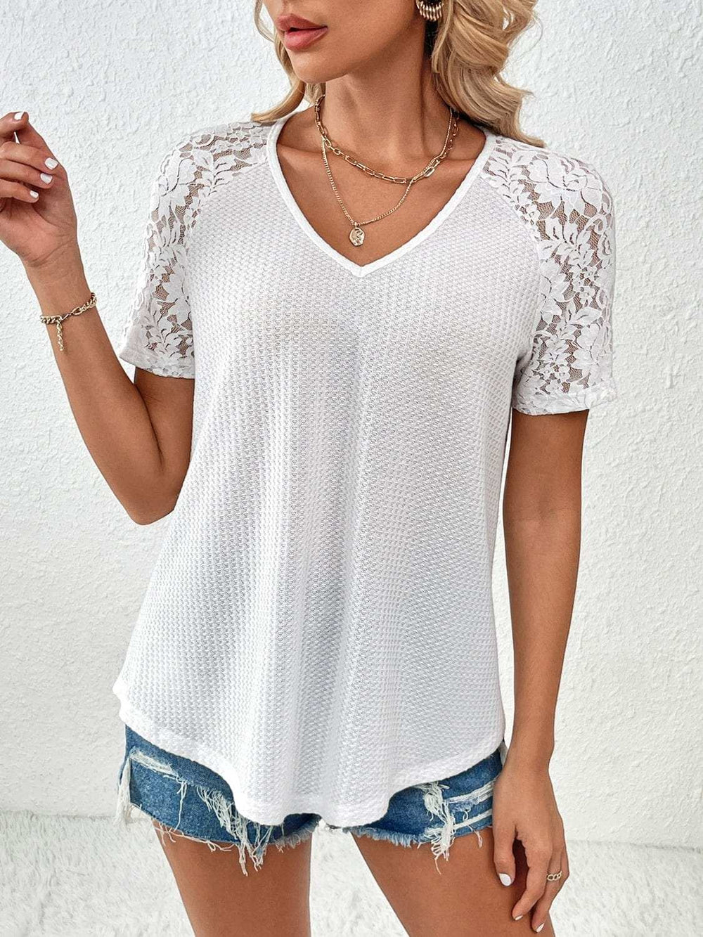 Lace Detail V-Neck Short Sleeve T-Shirt - Trendsi - Flyclothing LLC