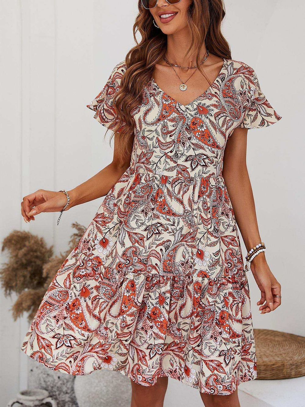 Printed V-Neck Tiered Dress - Trendsi - Flyclothing LLC