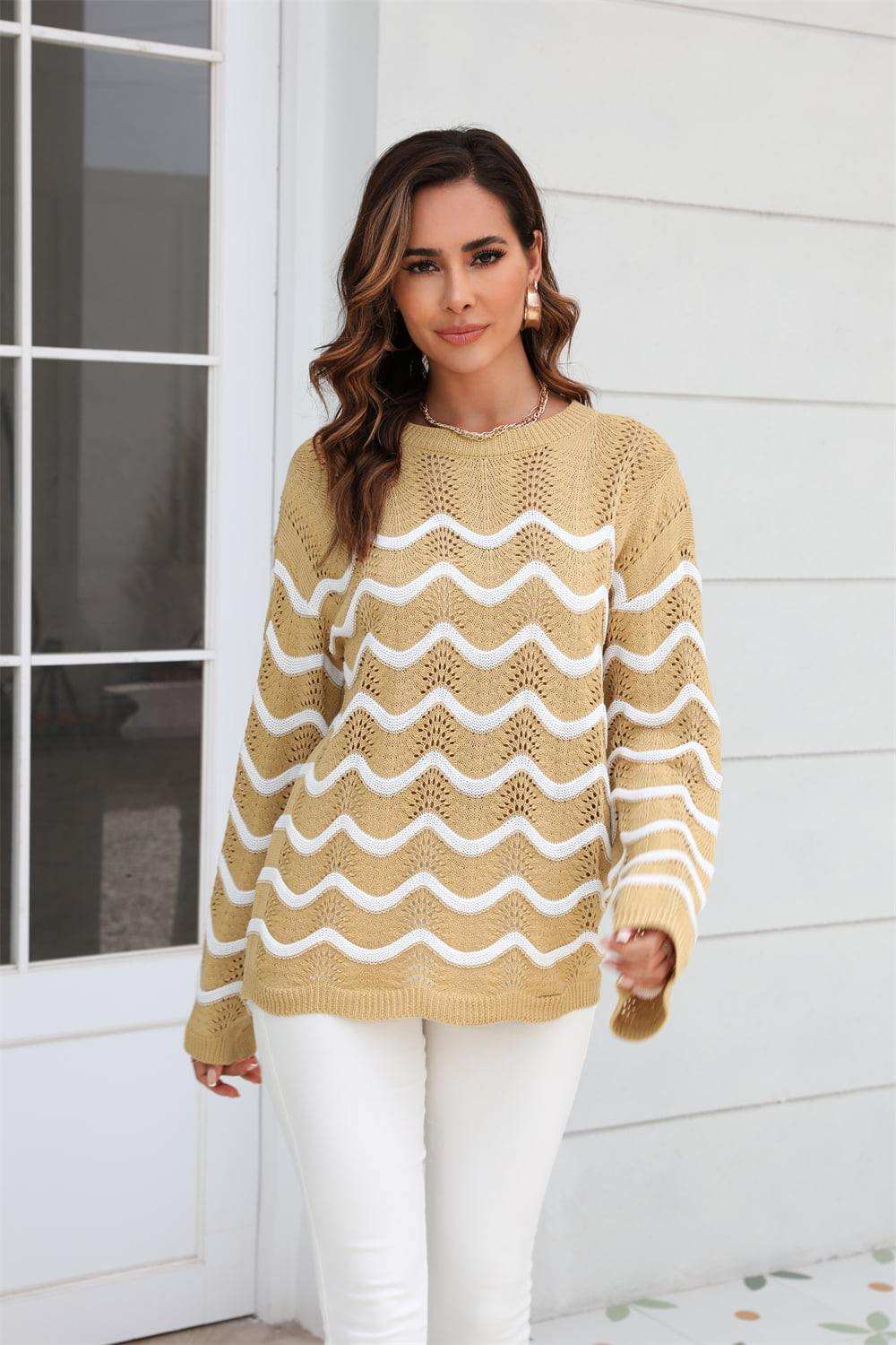 Wave Pattern Round Neck Long Sleeve Sweater - Trendsi - Flyclothing LLC