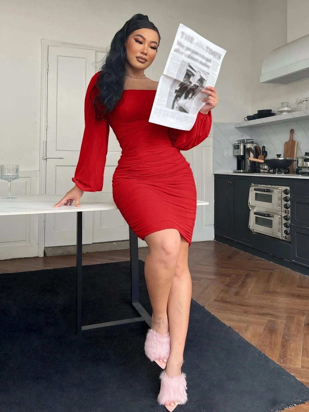 Zip-Back Ruched Bodycon Dress - Trendsi - Flyclothing LLC