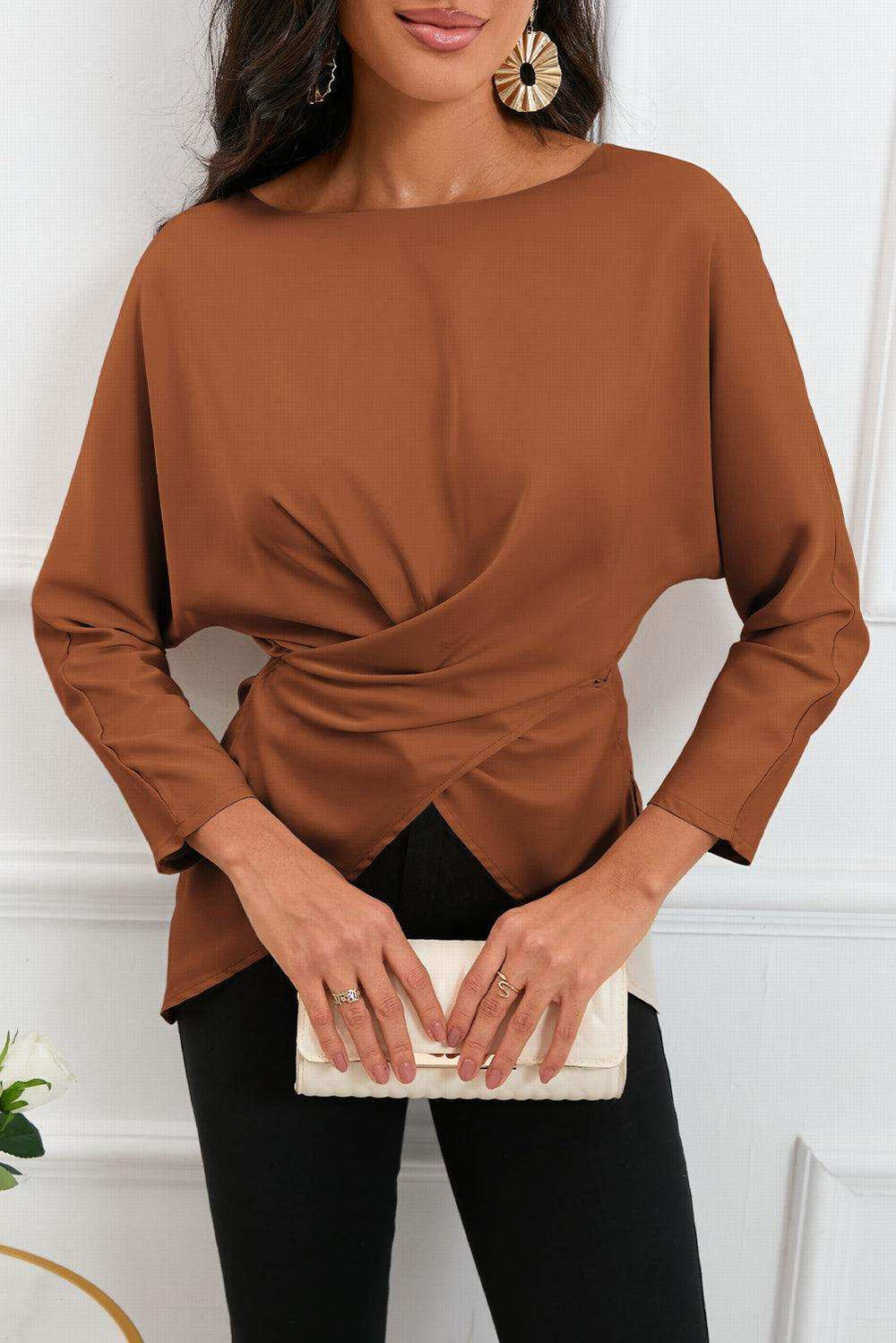 Boat Neck Back Tie Long Sleeve Satin Blouse - Trendsi - Flyclothing LLC