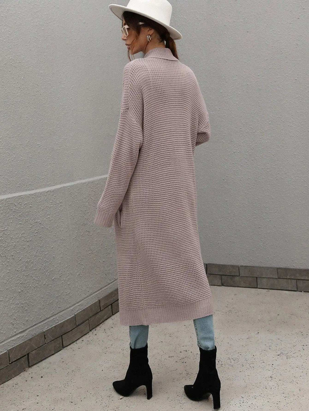 Waffle Knit Open Front Duster Cardigan With Pockets - Trendsi - Flyclothing LLC