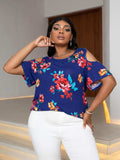Plus Size Cold-Shoulder Round Neck Curved Hem Tee - Trendsi - Flyclothing LLC