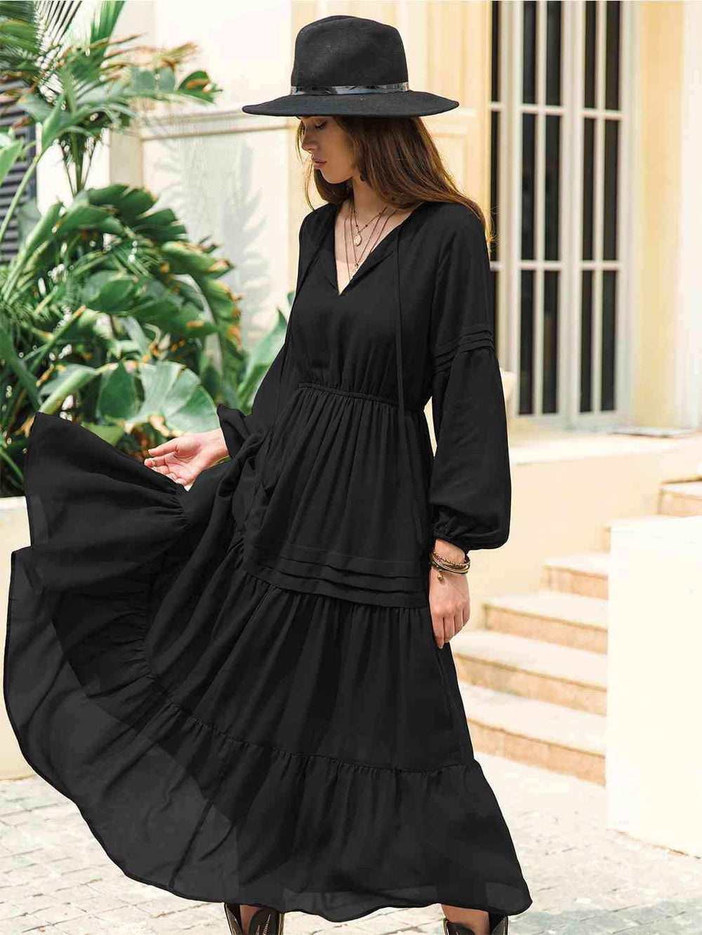 Tie Neck Long Sleeve Midi Tiered Dress - Trendsi - Flyclothing LLC