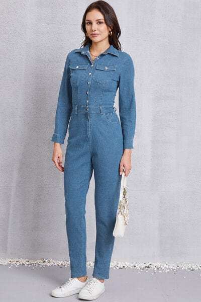 Snap Down Denim Jumpsuit with Pockets - Trendsi - Flyclothing LLC