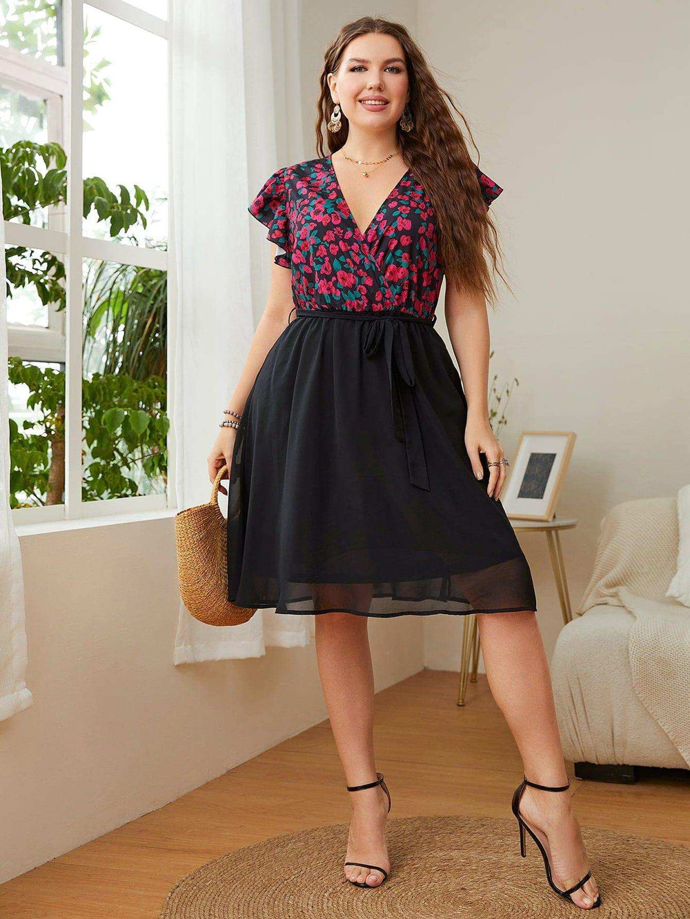 Plus Size Floral Surplice Neck Flutter Sleeve Dress - Trendsi - Flyclothing LLC