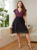 Plus Size Floral Surplice Neck Flutter Sleeve Dress - Trendsi - Flyclothing LLC