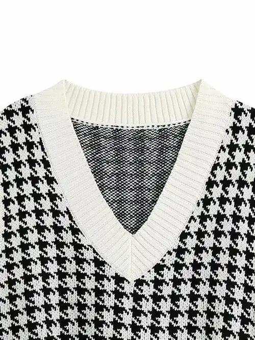 Houndstooth V-Neck Sweater Vet - Trendsi - Flyclothing LLC