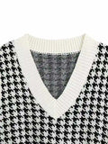 Houndstooth V-Neck Sweater Vet - Trendsi - Flyclothing LLC