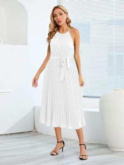 Pleated Spaghetti Strap Tie Waist Midi Dress - Trendsi - Flyclothing LLC
