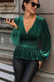 Smocked Surplice Lantern Sleeve Peplum Blouse - Trendsi - Flyclothing LLC