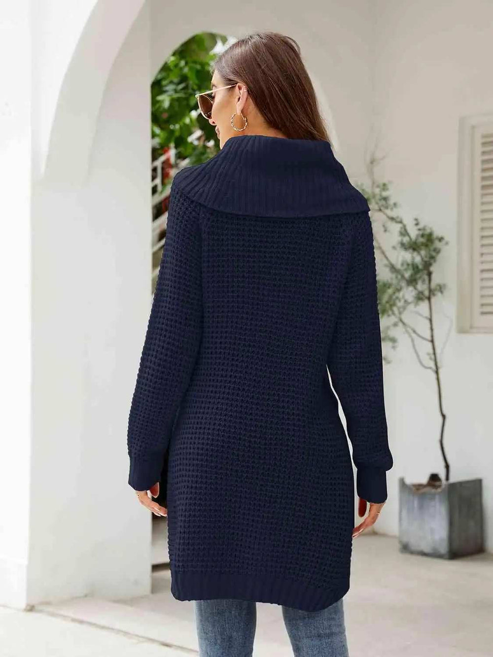 Turtleneck Waffle-Knit Slit Sweater Dress - Trendsi - Flyclothing LLC