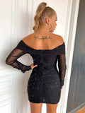 Glitter Ruched Off-Shoulder Long Sleeve Bodycon Dress - Trendsi - Flyclothing LLC