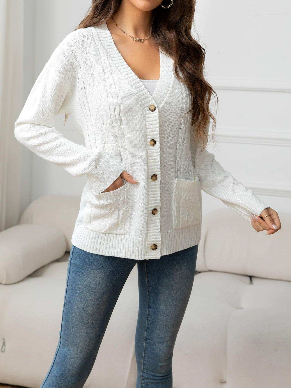 V-Neck Long Sleeve Buttoned Knit Top with Pocket - Trendsi - Flyclothing LLC