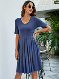 Pleated V-Neck Short Sleeve Tee Dress - Trendsi - Flyclothing LLC