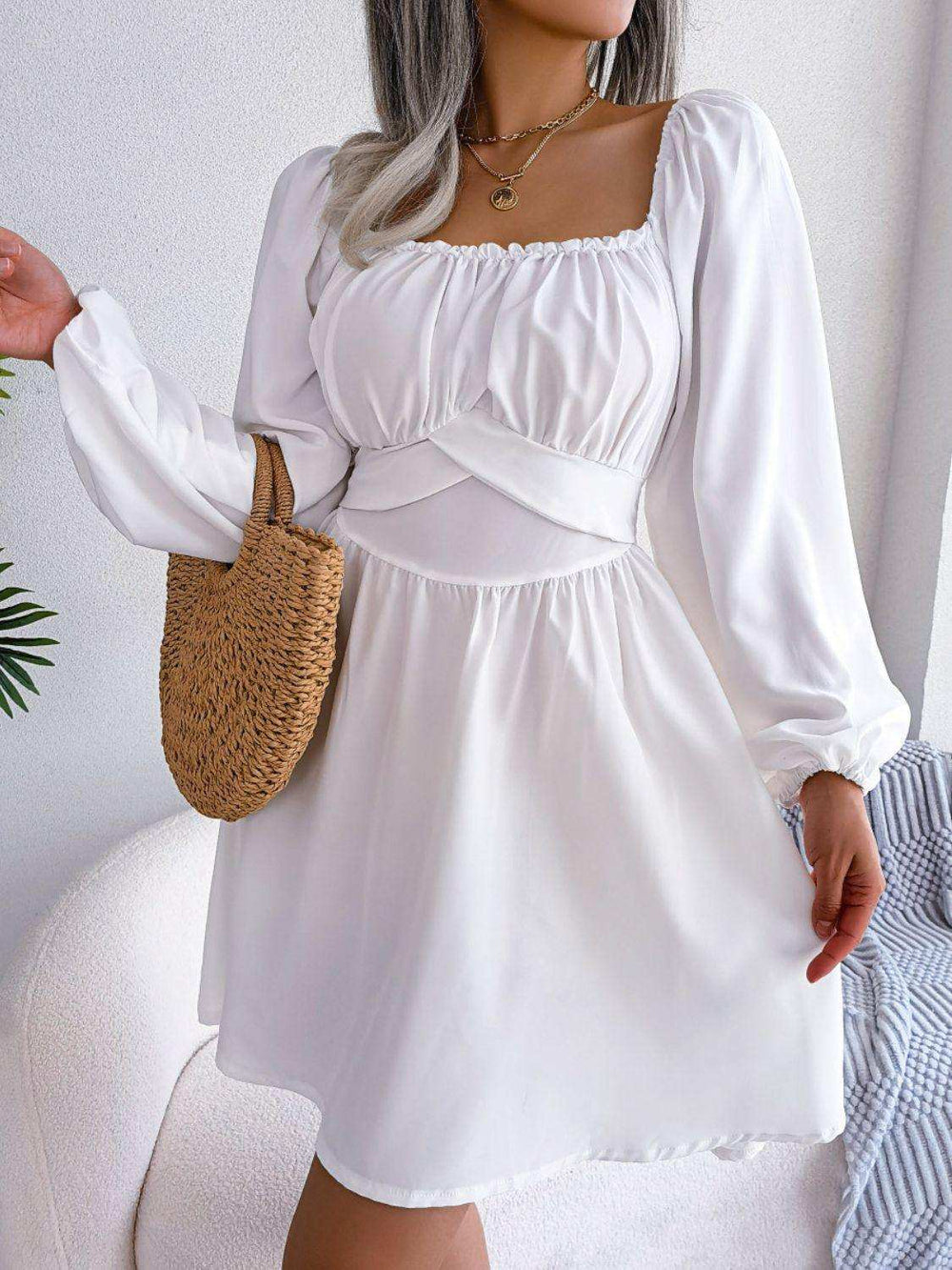 Tied Square Neck Balloon Sleeve Dress - Trendsi - Flyclothing LLC