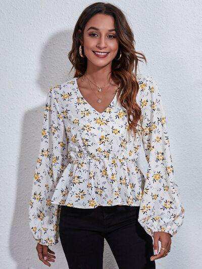 Floral V-Neck Balloon Sleeve Peplum Blouse - Trendsi - Flyclothing LLC