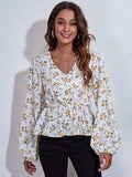 Floral V-Neck Balloon Sleeve Peplum Blouse - Trendsi - Flyclothing LLC