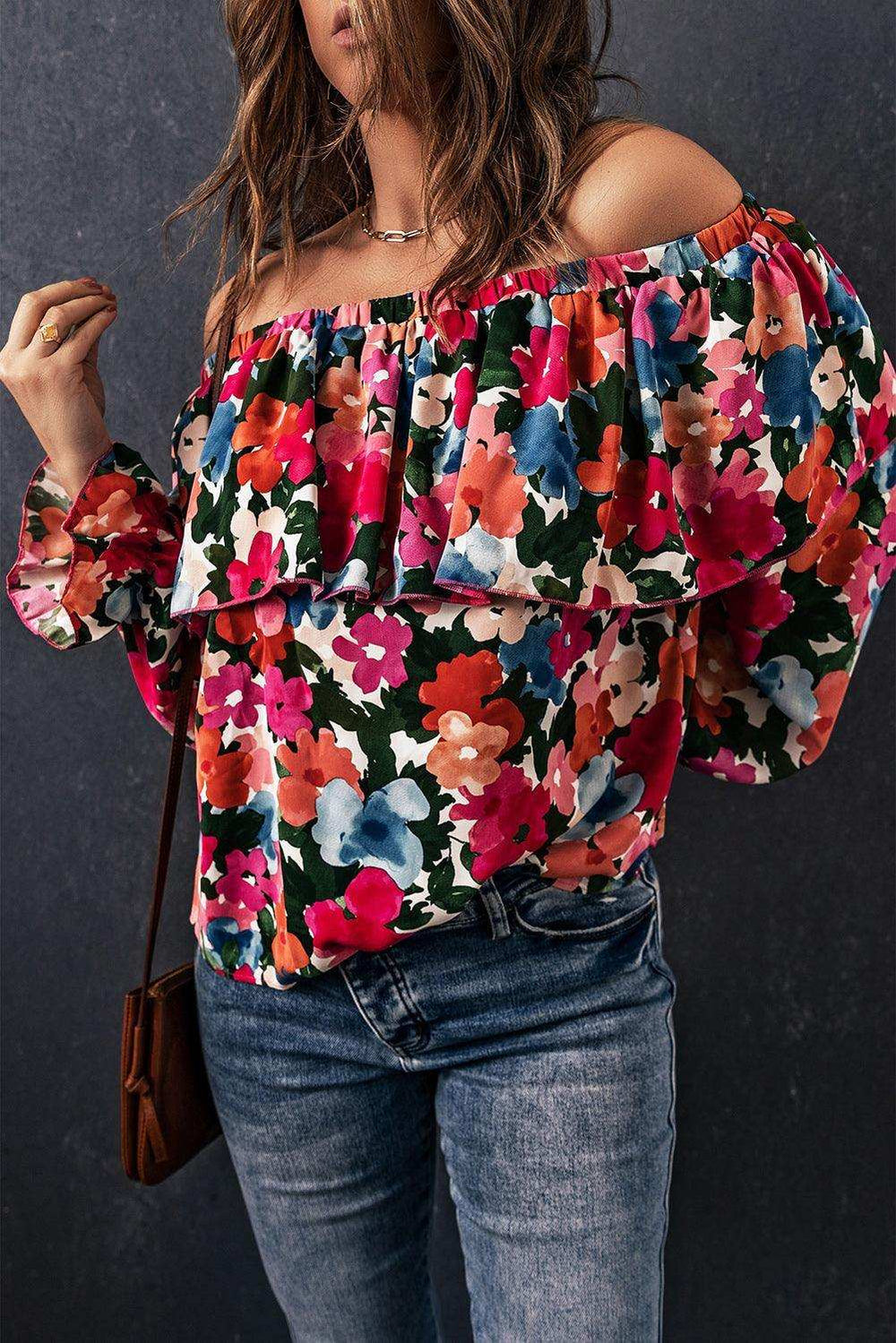 Floral Off-Shoulder Flounce Sleeve Layered Blouse - Trendsi - Flyclothing LLC