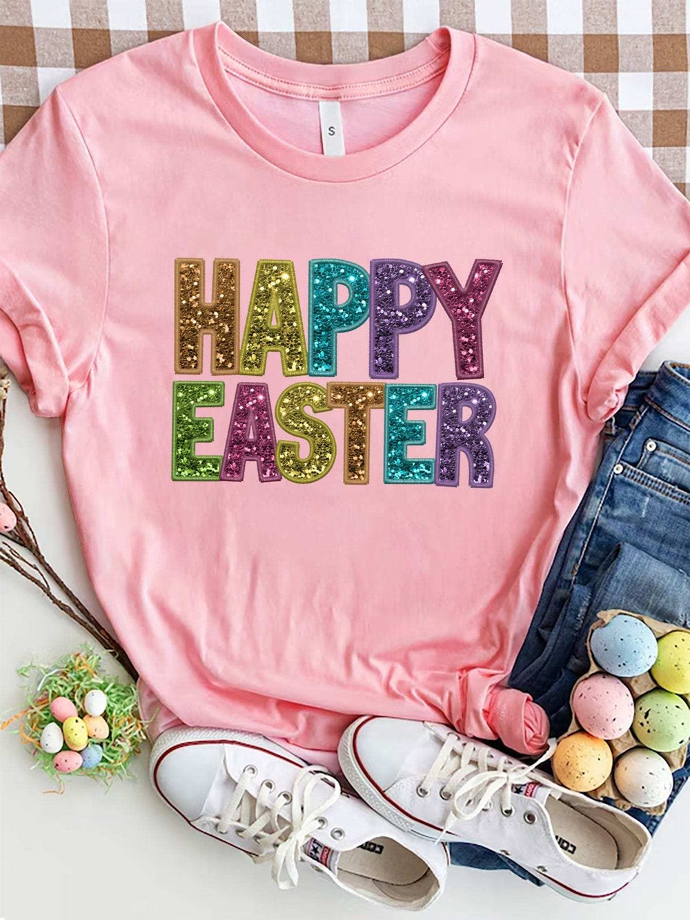 HAPPY EASTER Round Neck Short Sleeve T-Shirt - Trendsi - Flyclothing LLC