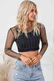 Pearl Long Sleeve Mesh Cropped Top - Trendsi - Flyclothing LLC