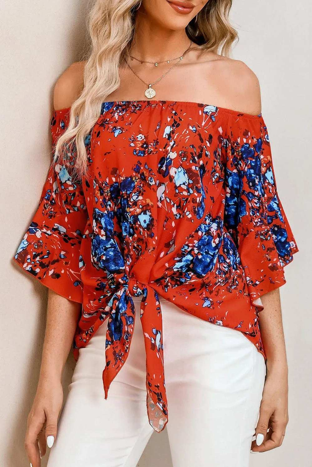 Tied Printed Off-Shoulder Half Sleeve Blouse - Trendsi - Flyclothing LLC