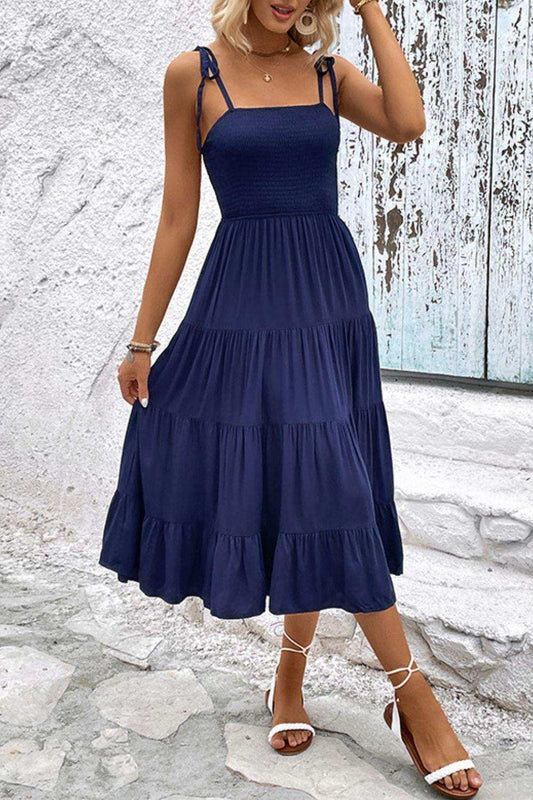 Tie-Shoulder Tiered Midi Dress - Trendsi - Flyclothing LLC