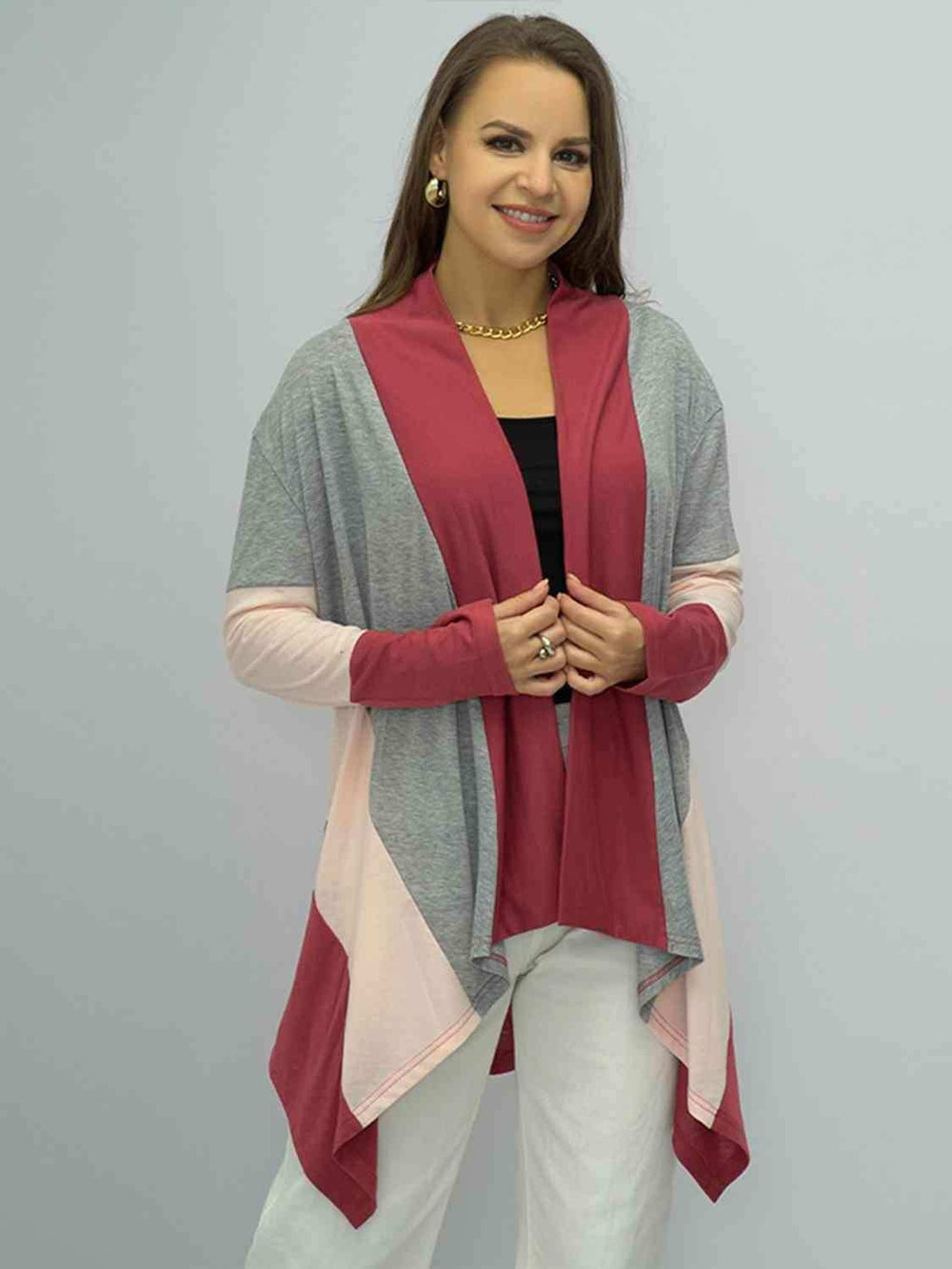 Color Block Open Front Cardigan - Trendsi - Flyclothing LLC