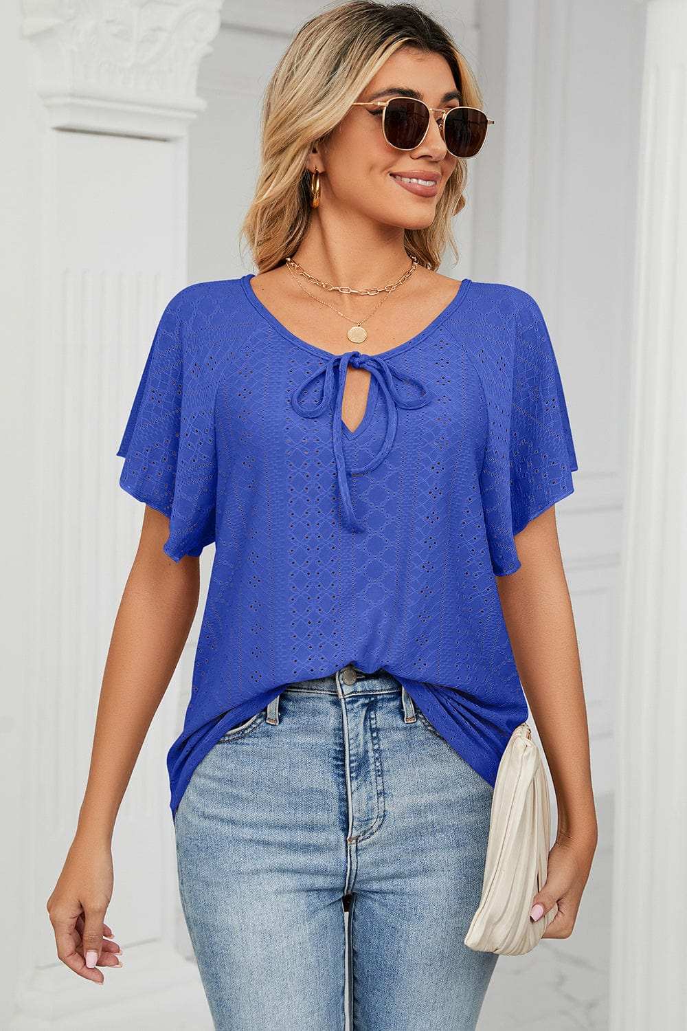 Eyelet Tie Neck Flutter Sleeve Blouse - Trendsi - Flyclothing LLC