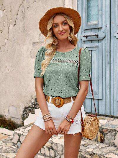 Openwork Round Neck Short Sleeve T-Shirt - Trendsi - Flyclothing LLC