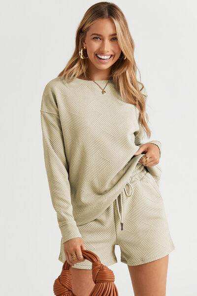 Double Take Full Size Texture Long Sleeve Top and Drawstring Shorts Set - Trendsi - Flyclothing LLC