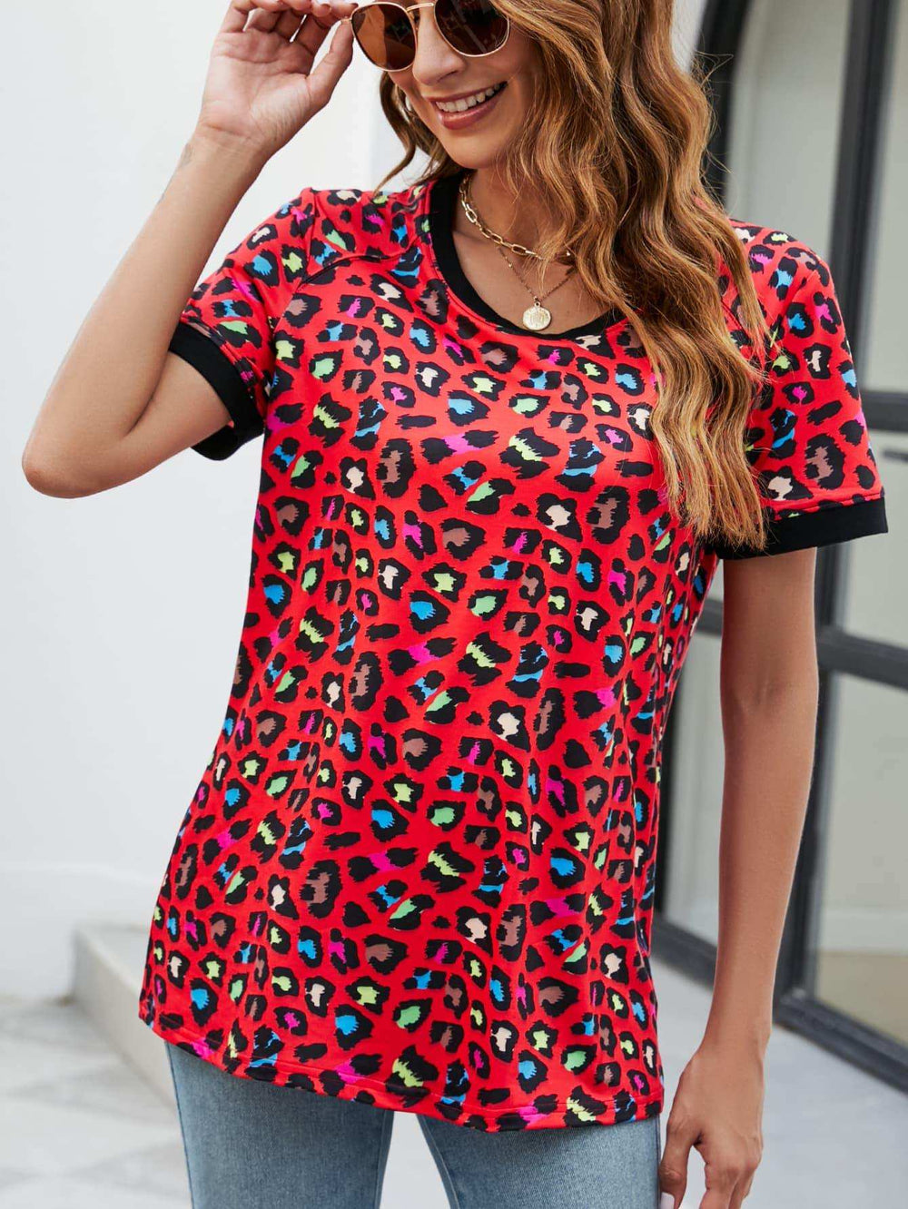 Leopard Round Neck Short Sleeve Tee Shirt - Trendsi - Flyclothing LLC